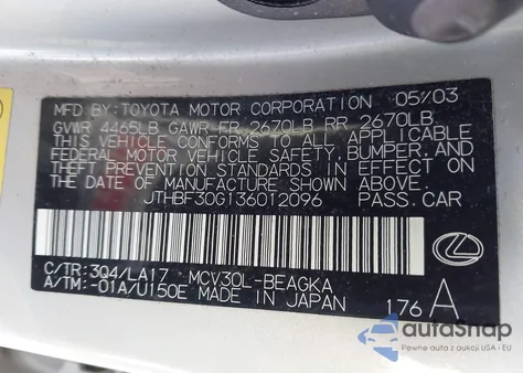 2003 Lexus Es 300 z USA, uszkodzony, nr VIN JTHBF30G136012096